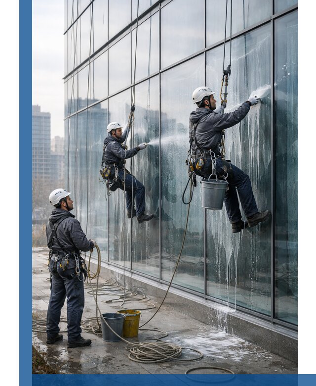 Промышленная мойка панорамных окон на высоте в Урюпинске