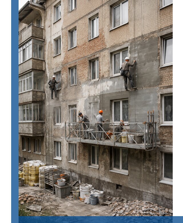 Капитальный ремонт фасада в Урюпинске с восстановлением и гидроизоляцией