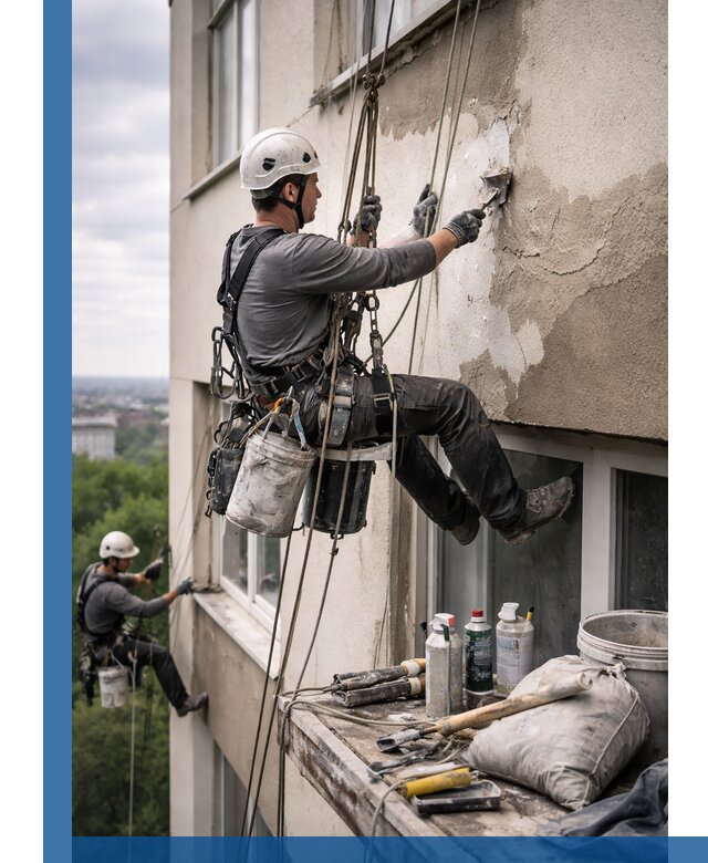 Косметический ремонт фасада зданий в Урюпинске промышленными альпинистами
