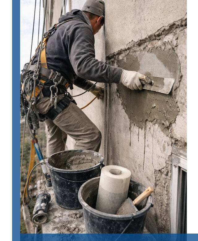 Ремонт бетонных элементов фасада промышленными альпинистами в Урюпинске