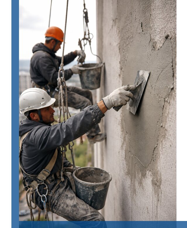 Штукатурка фасада на высоте в Урюпинске профессиональные работы