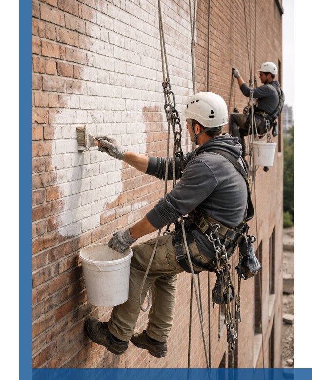 Покраска кирпичного фасада с доступным альпинистским сервисом в Урюпинске