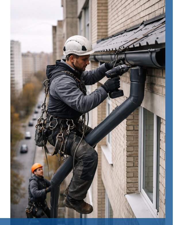 Монтаж водосточной системы на здании в Урюпинске от 5151 р. | ВЫСОТНИК-Рюп