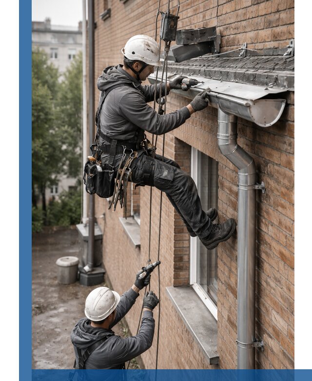 Монтаж водосточной системы на здании в Урюпинске под ключ