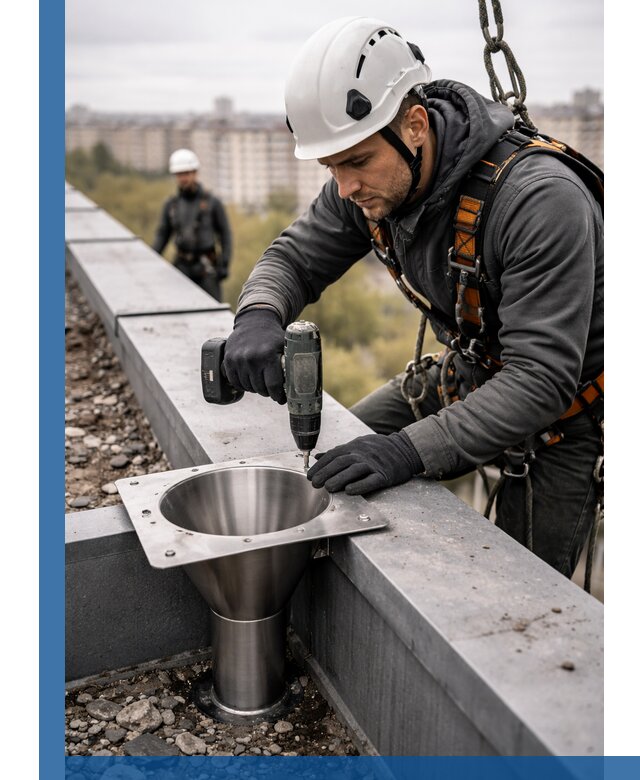 Монтаж водосточных воронок в Урюпинске для промышленных зданий