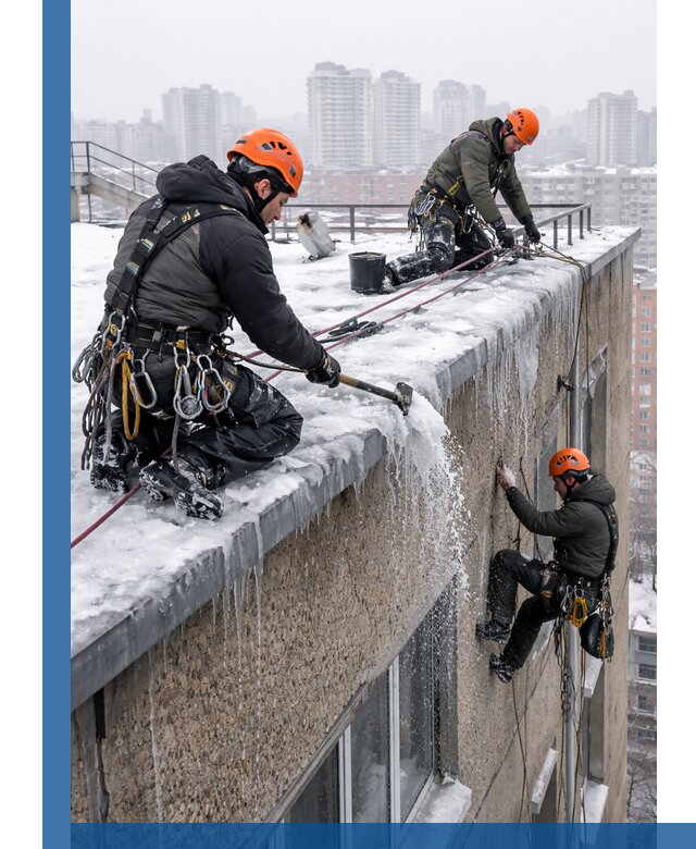 Удаление наледи с кровли в Урюпинске промышленными альпинистами