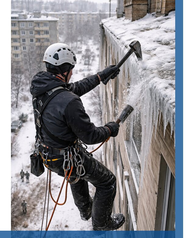 Сбивание сосулек с крыши в Урюпинске по цене от 4635 р. | ВЫСОТНИК-Рюп