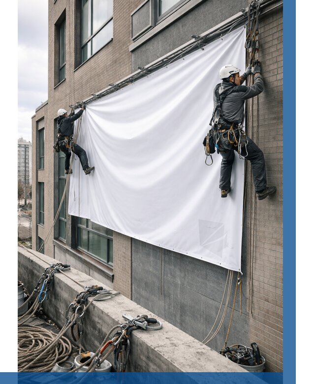 Монтаж баннеров на фасаде в Урюпинске от 670 р. заказать ВЫСОТНИК-Рюп