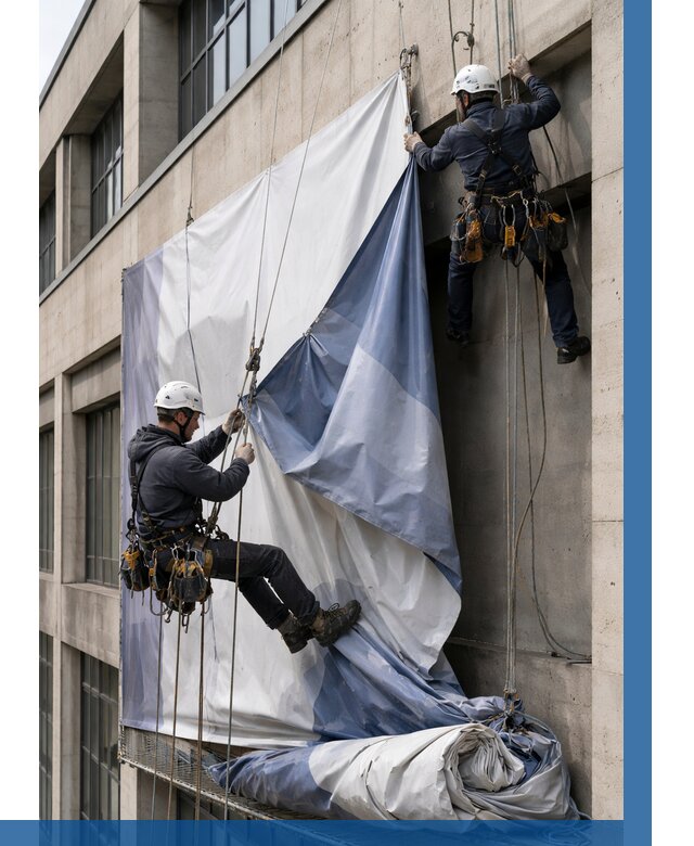 Демонтаж баннеров с фасада в Урюпинске от 4635 р. | ВЫСОТНИК-Рюп