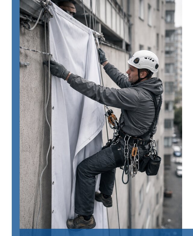 Замена баннерного полотна промышленными альпинистами в Урюпинске