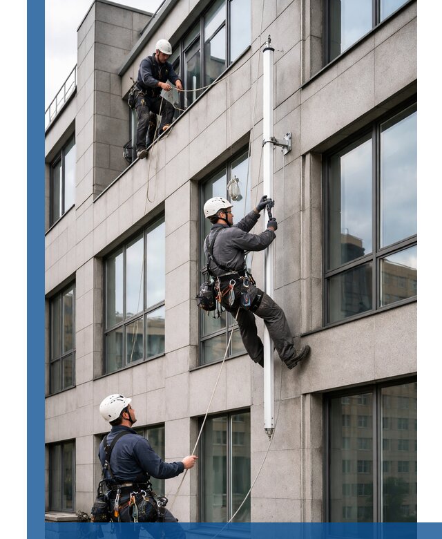 Монтаж флагштока на фасаде здания с креплением и герметикой в Урюпинске