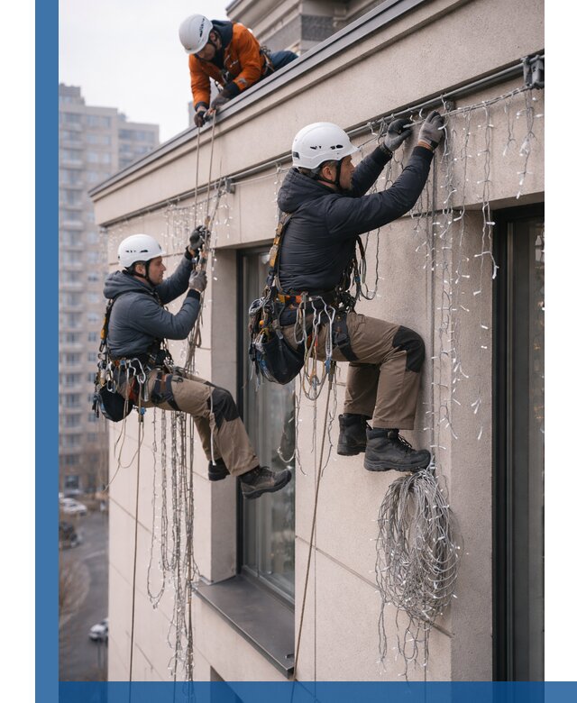 Монтаж праздничных гирлянд на фасаде в Урюпинске для зданий