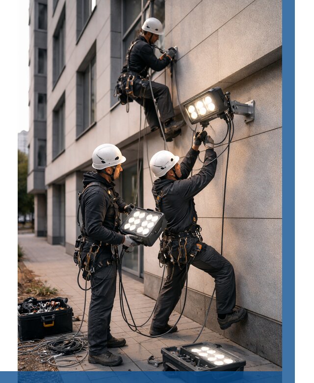 Монтаж прожекторов на фасаде в Урюпинске от 7726 р. | ВЫСОТНИК-Рюп