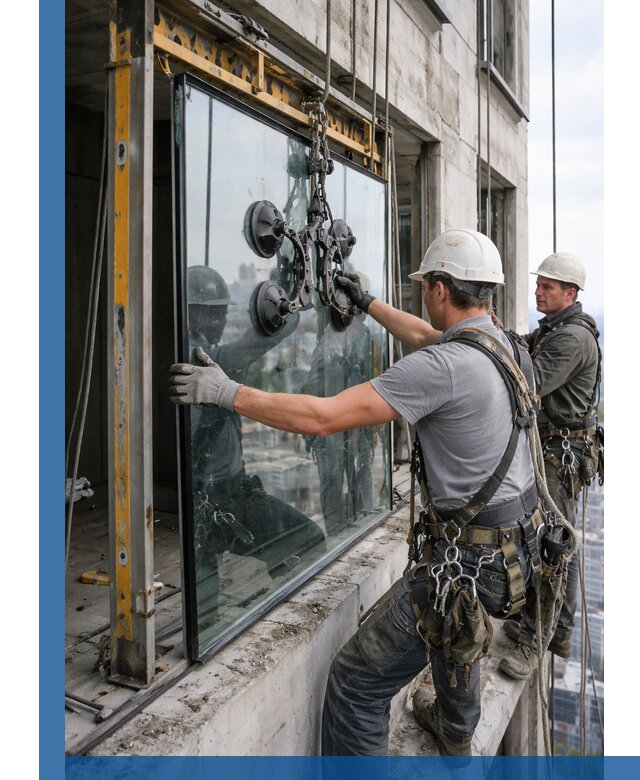 Монтаж стеклопакетов на высоте в Урюпинске с промышленным альпинизмом