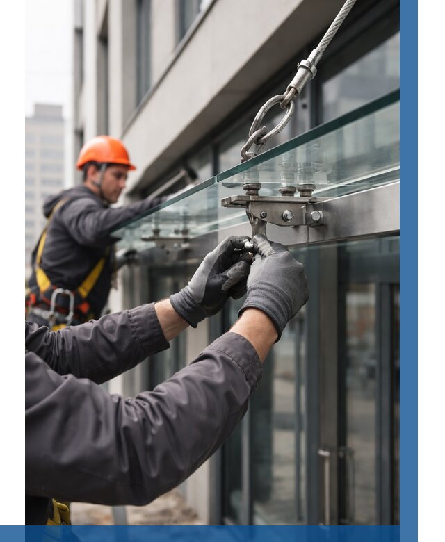 Монтаж стеклянных козырьков в Урюпинске от 8756 р. | ВЫСОТНИК-Рюп