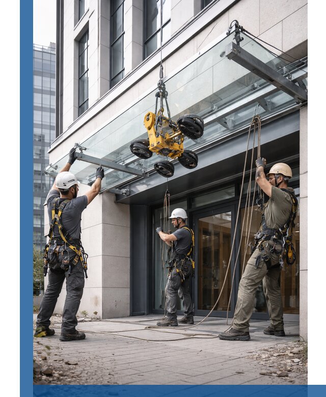 Монтаж стеклянных козырьков под ключ в Урюпинске для зданий