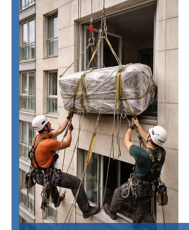 Подъем грузов через окно в Урюпинске промышленными альпинистами