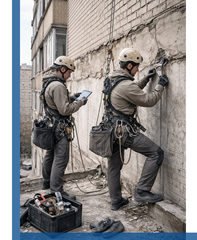 Обследование фасада промышленными альпинистами в Урюпинске